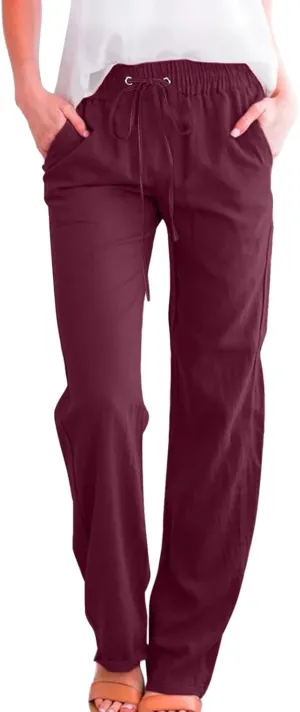 Women Linen Summer Boho Pant Trousers Low Waist Stretchy Plus Size Trouser Business Work