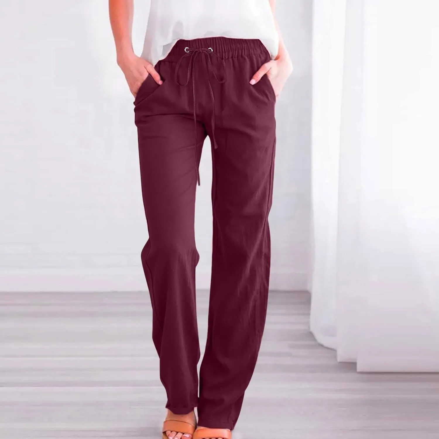 Women Linen Summer Boho Pant Trousers Low Waist Stretchy Plus Size Trouser Business Work
