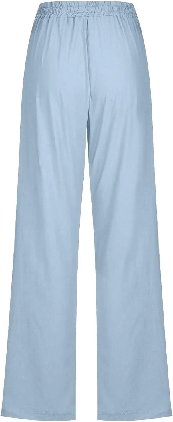 Women Linen Summer Letter Patched Pant Trousers High Waist Stretchy Straight Slim-Fit Palazzo Pants Business Work