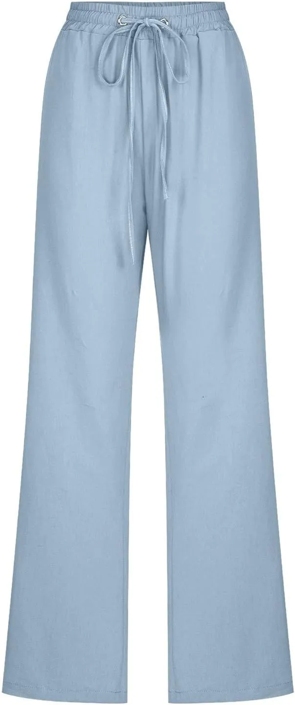 Women Linen Summer Letter Patched Pant Trousers High Waist Stretchy Straight Slim-Fit Palazzo Pants Business Work