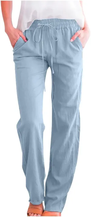Women Linen Summer Letter Patched Pant Trousers High Waist Stretchy Straight Slim-Fit Palazzo Pants Business Work