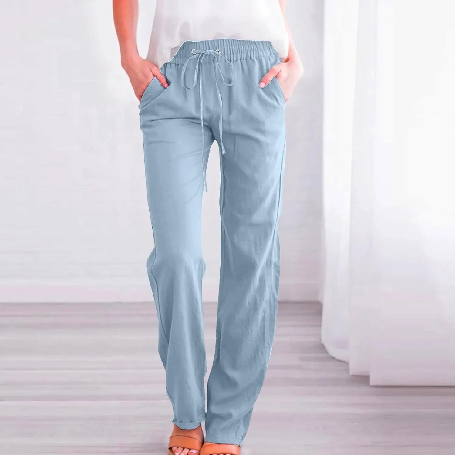 Women Linen Summer Letter Patched Pant Trousers High Waist Stretchy Straight Slim-Fit Palazzo Pants Business Work
