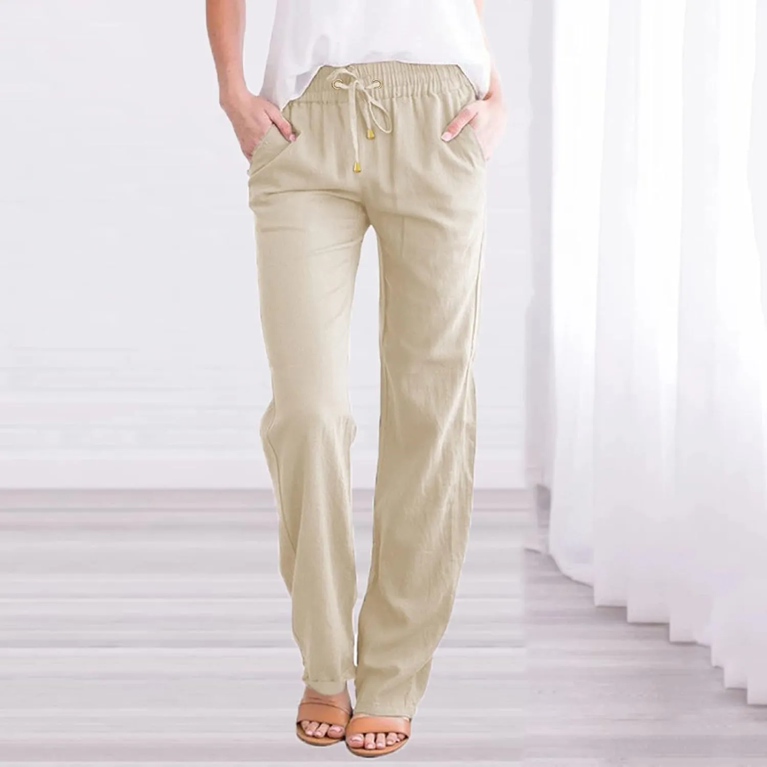 Women Linen Summer Pull On Pant Trousers Elastic Waisted Long Lounge Loose Fit Palazzo Lounge Pants Travel
