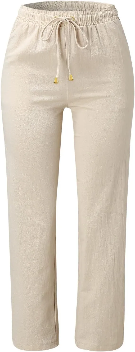 Women Linen Summer Pull On Pant Trousers Elastic Waisted Long Lounge Loose Fit Palazzo Lounge Pants Travel