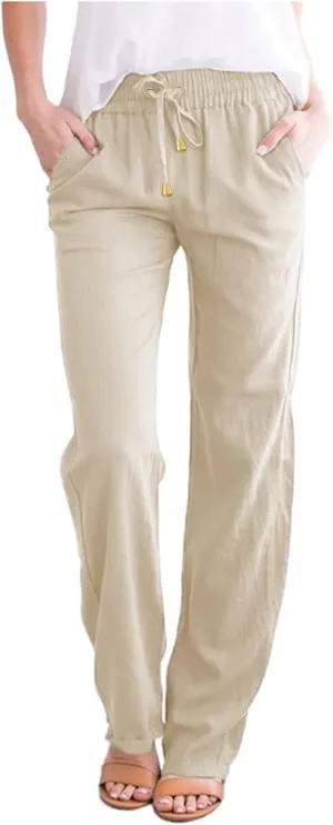 Women Linen Summer Pull On Pant Trousers Elastic Waisted Long Lounge Loose Fit Palazzo Lounge Pants Travel