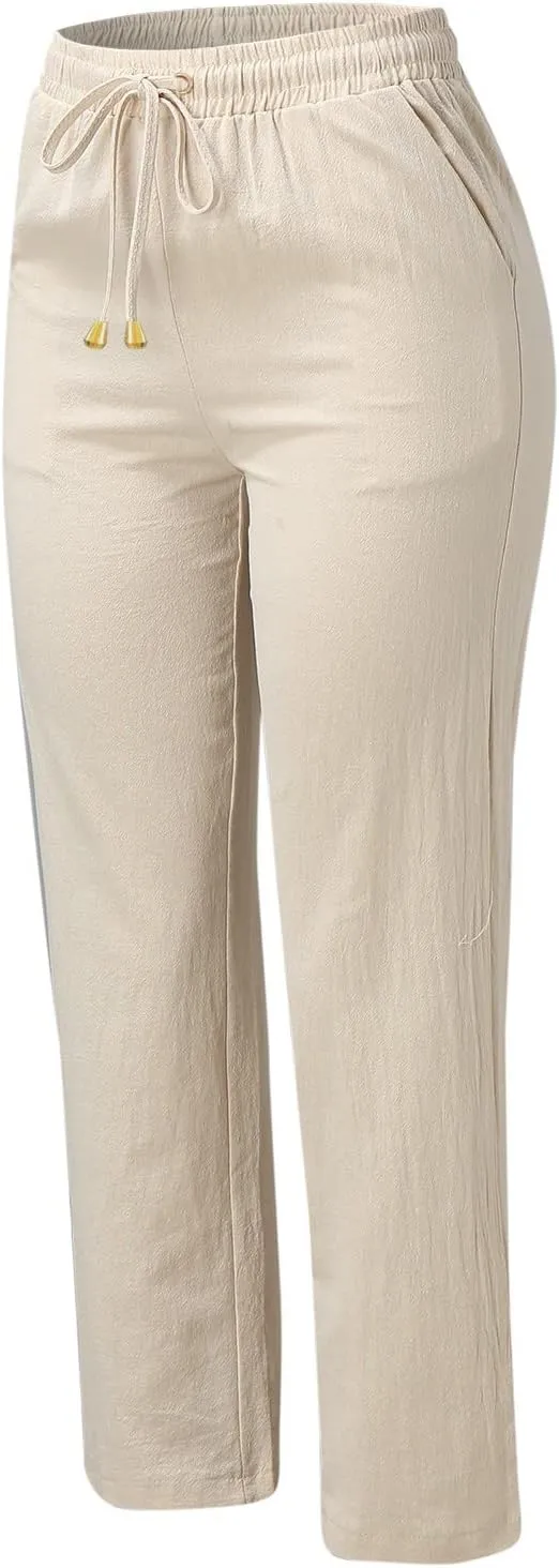 Women Linen Summer Pull On Pant Trousers Elastic Waisted Long Lounge Loose Fit Palazzo Lounge Pants Travel