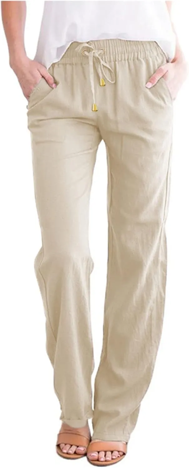 Women Linen Summer Pull On Pant Trousers Elastic Waisted Long Lounge Loose Fit Palazzo Lounge Pants Travel