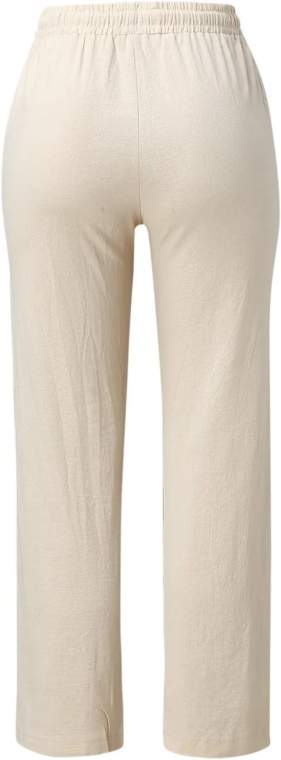Women Linen Summer Pull On Pant Trousers Elastic Waisted Long Lounge Loose Fit Palazzo Lounge Pants Travel