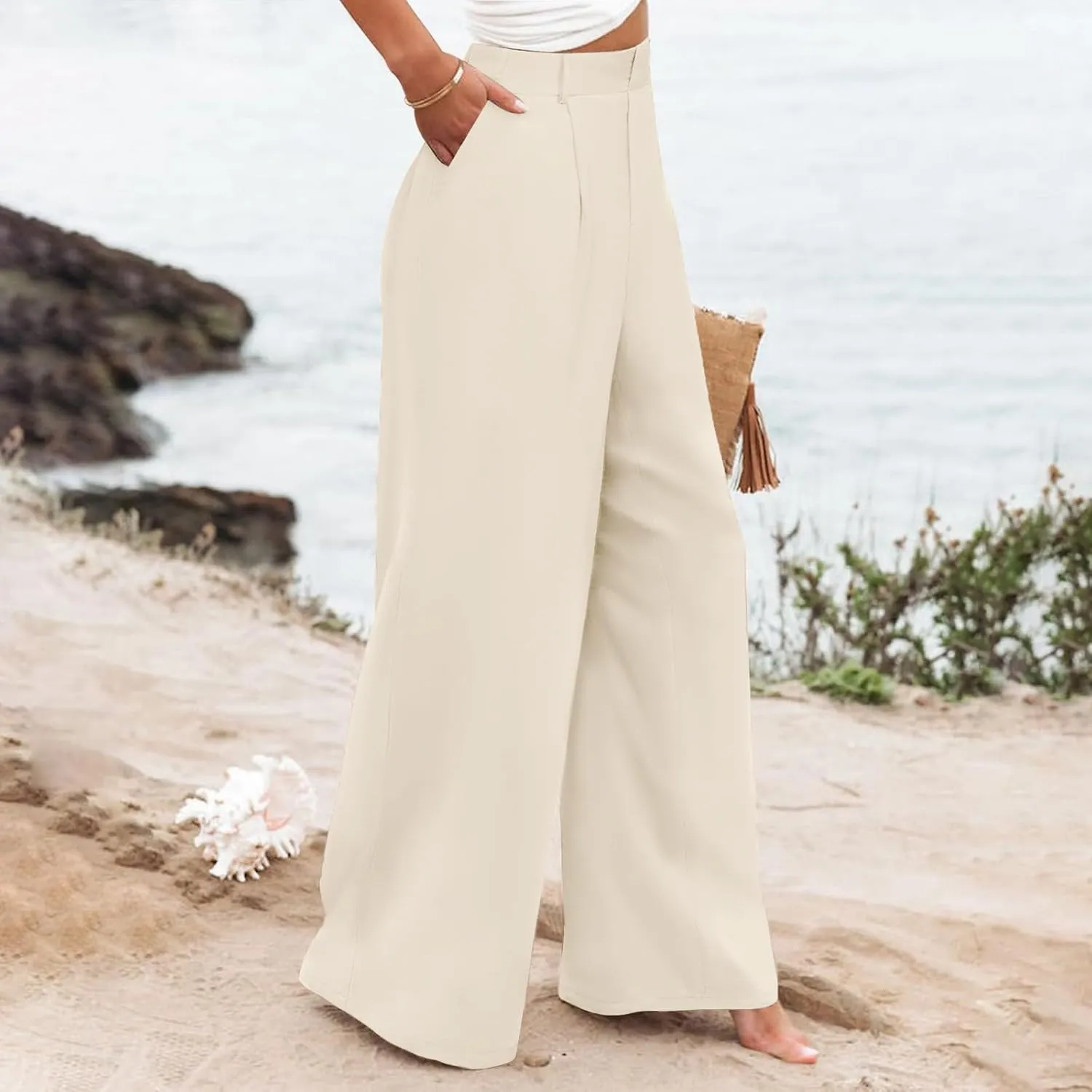Women Linen Summer Y2K Fashion Pants Elastic Waist Wide Leg Loose Fit Palazzo Pants Office