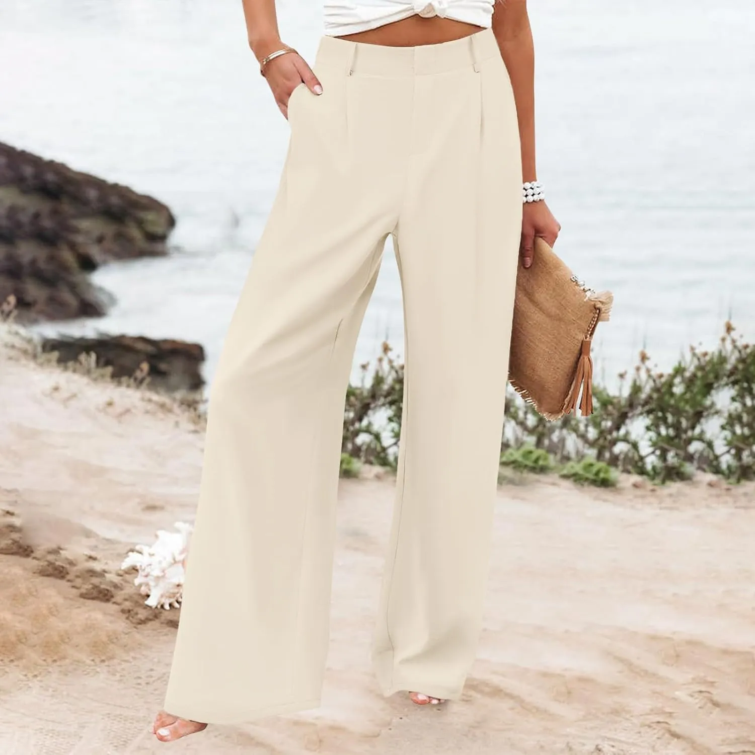 Women Linen Summer Y2K Fashion Pants Elastic Waist Wide Leg Loose Fit Palazzo Pants Office