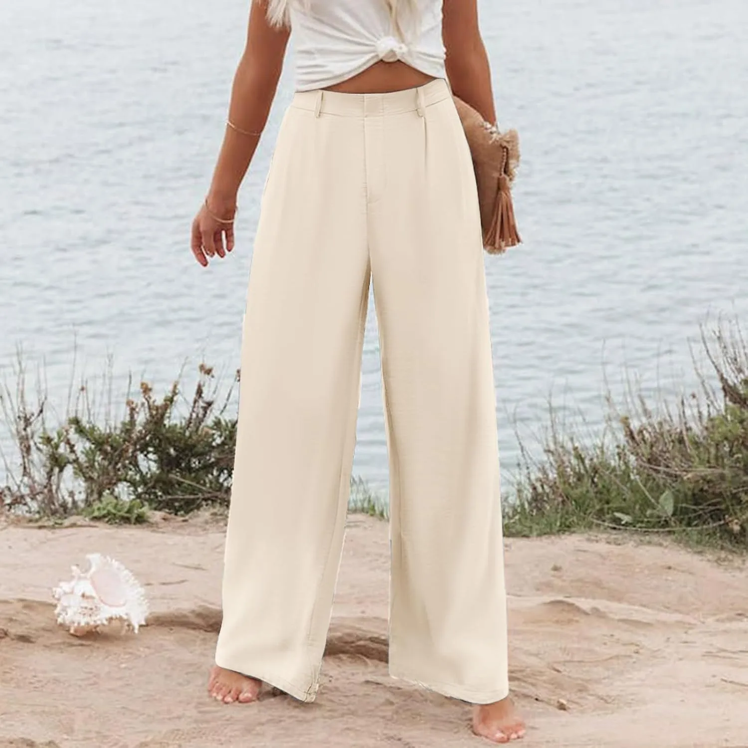 Women Linen Summer Y2K Fashion Pants Elastic Waist Wide Leg Loose Fit Palazzo Pants Office