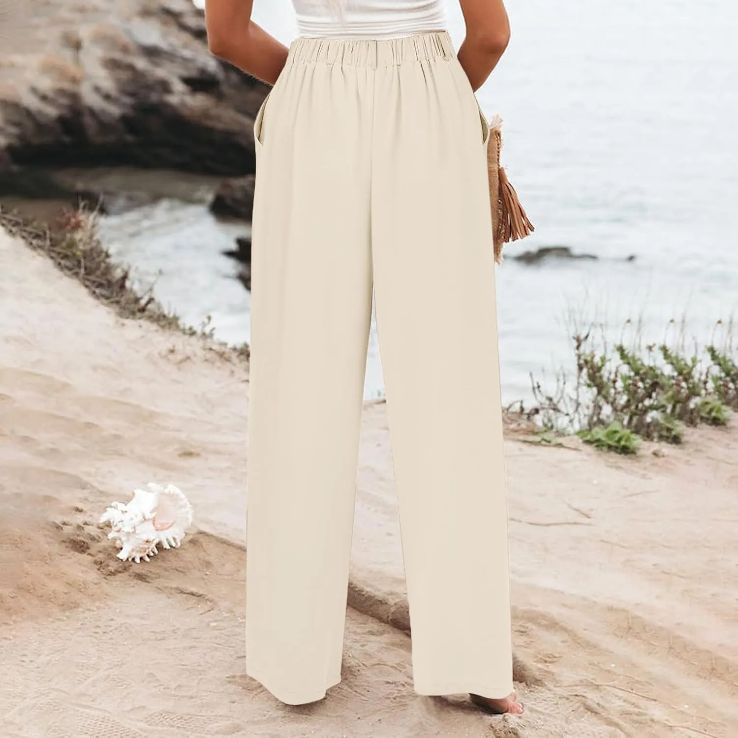 Women Linen Summer Y2K Fashion Pants Elastic Waist Wide Leg Loose Fit Palazzo Pants Office
