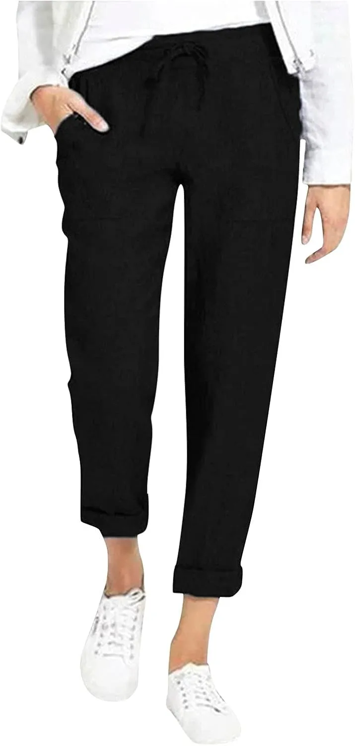 Women Linen Summer Y2K Streetwear Pants Elastic Waist Long Lounge Slim-Fit Trouser Trendy