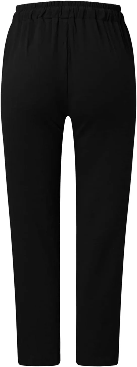 Women Linen Summer Y2K Streetwear Pants Elastic Waist Long Lounge Slim-Fit Trouser Trendy