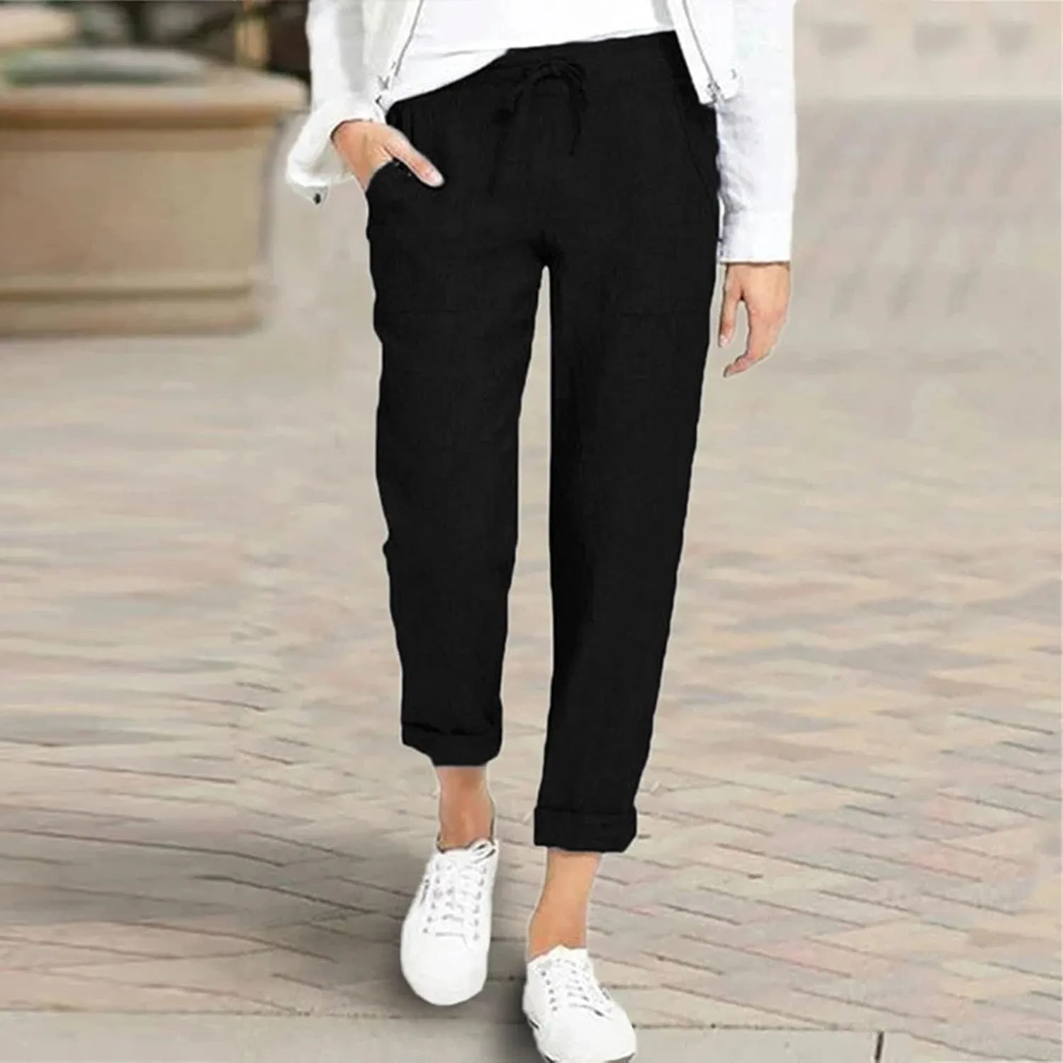 Women Linen Summer Y2K Streetwear Pants Elastic Waist Long Lounge Slim-Fit Trouser Trendy