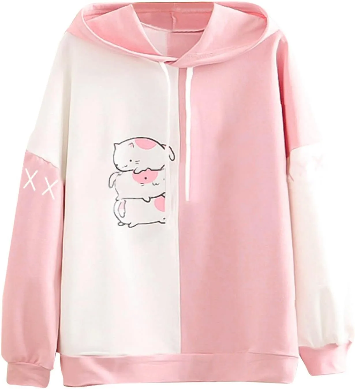 Women Long Sleeve Hoodies Kawaii Cartoon Cute Cat Graphic Color Block Hooded Sweatshirt Top Oversized Casual Pullover