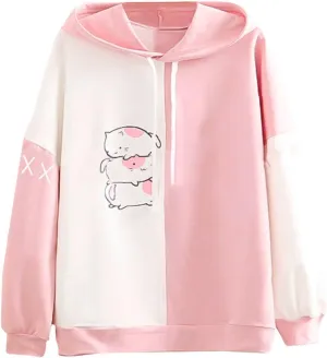 Women Long Sleeve Hoodies Kawaii Cartoon Cute Cat Graphic Color Block Hooded Sweatshirt Top Oversized Casual Pullover