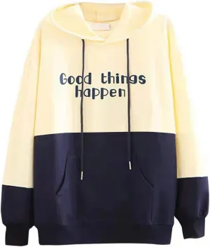 Women Long Sleeve Hoodies Kawaii Cartoon Cute Cat Graphic Color Block Hooded Sweatshirt Top Oversized Casual Pullover
