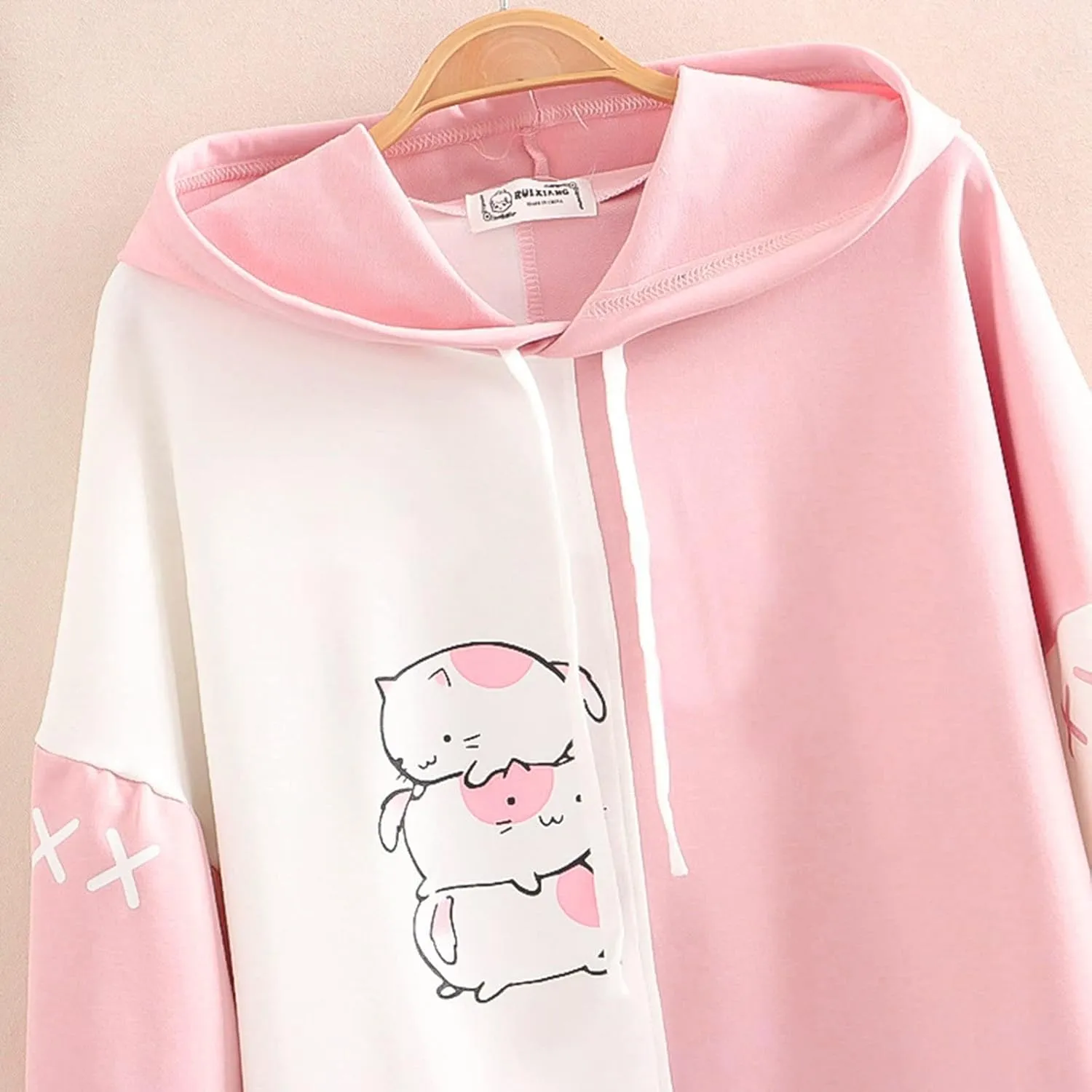 Women Long Sleeve Hoodies Kawaii Cartoon Cute Cat Graphic Color Block Hooded Sweatshirt Top Oversized Casual Pullover
