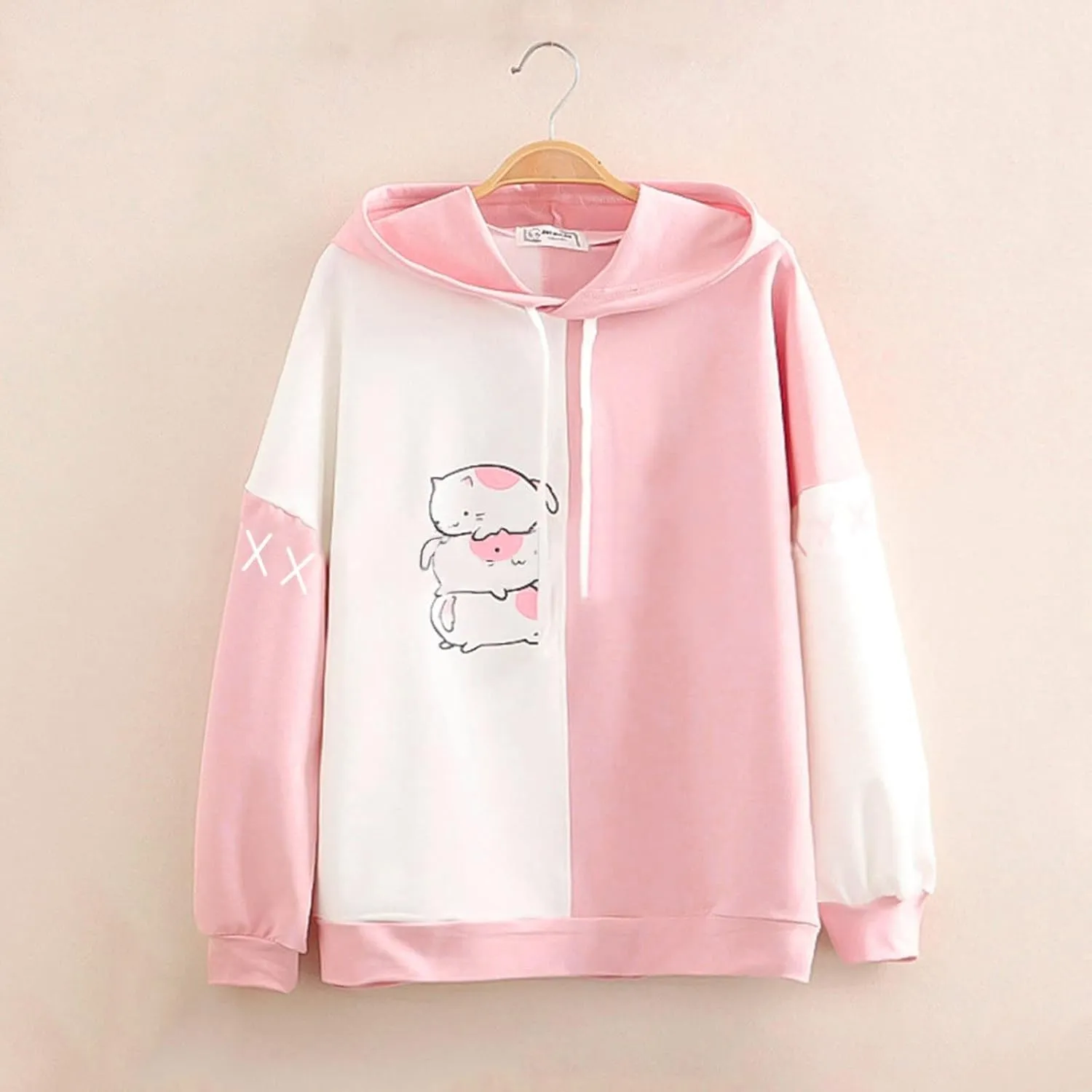 Women Long Sleeve Hoodies Kawaii Cartoon Cute Cat Graphic Color Block Hooded Sweatshirt Top Oversized Casual Pullover