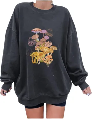 Women Oversized Y2k Sweatshirt Long Sleeve Crewneck Mushroom Graphic Fall Tops Trendy Plus Size Pullover Comfy Shirts