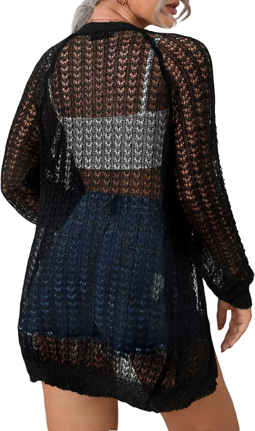 Women Plus Size Crochet Cardigan Lightweight Long Sleeve Casual Open Front Cardigan Coverups