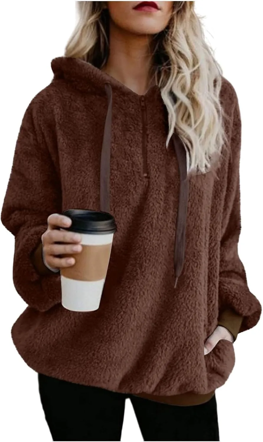 Women Sherpa Hoodie Fuzzy Fleece Quarter Zip Pullover Loose Comfy Plush Sweatshirt with Pockets Cute Winter Clothes