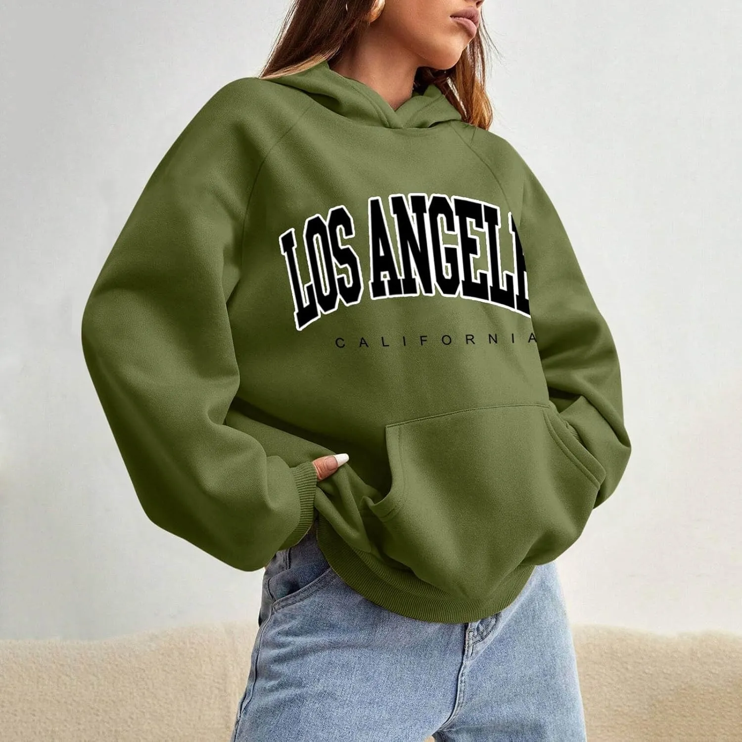 Women Solid Basic Fleece Letter Loose Hoodie Sweatshirt Long Sleeve Pocket Drop Shoulder Pullovers Top Pullover