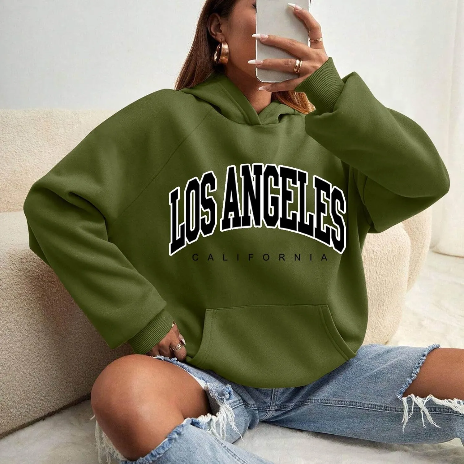 Women Solid Basic Fleece Letter Loose Hoodie Sweatshirt Long Sleeve Pocket Drop Shoulder Pullovers Top Pullover