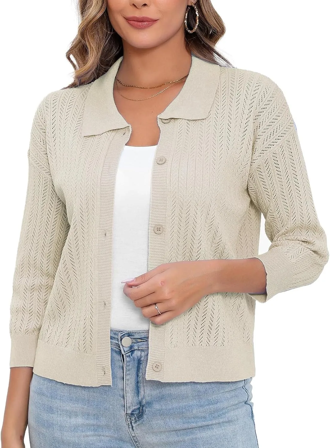 Women Spring Casual Cropped Cardigan 3/4 Sleeve Lightweight Button Down Lapel Collar Hollow Out 2025 Knit Cardigans
