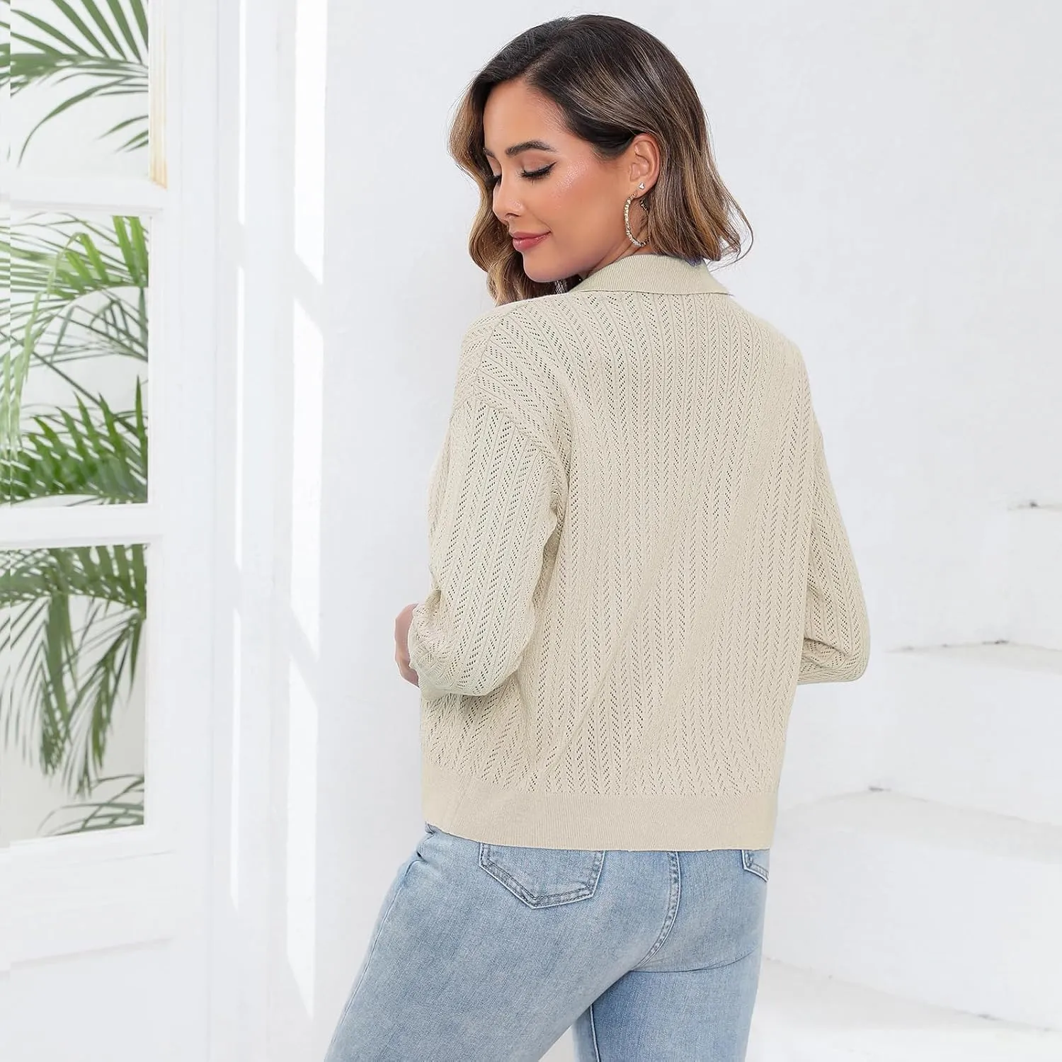 Women Spring Casual Cropped Cardigan 3/4 Sleeve Lightweight Button Down Lapel Collar Hollow Out 2025 Knit Cardigans