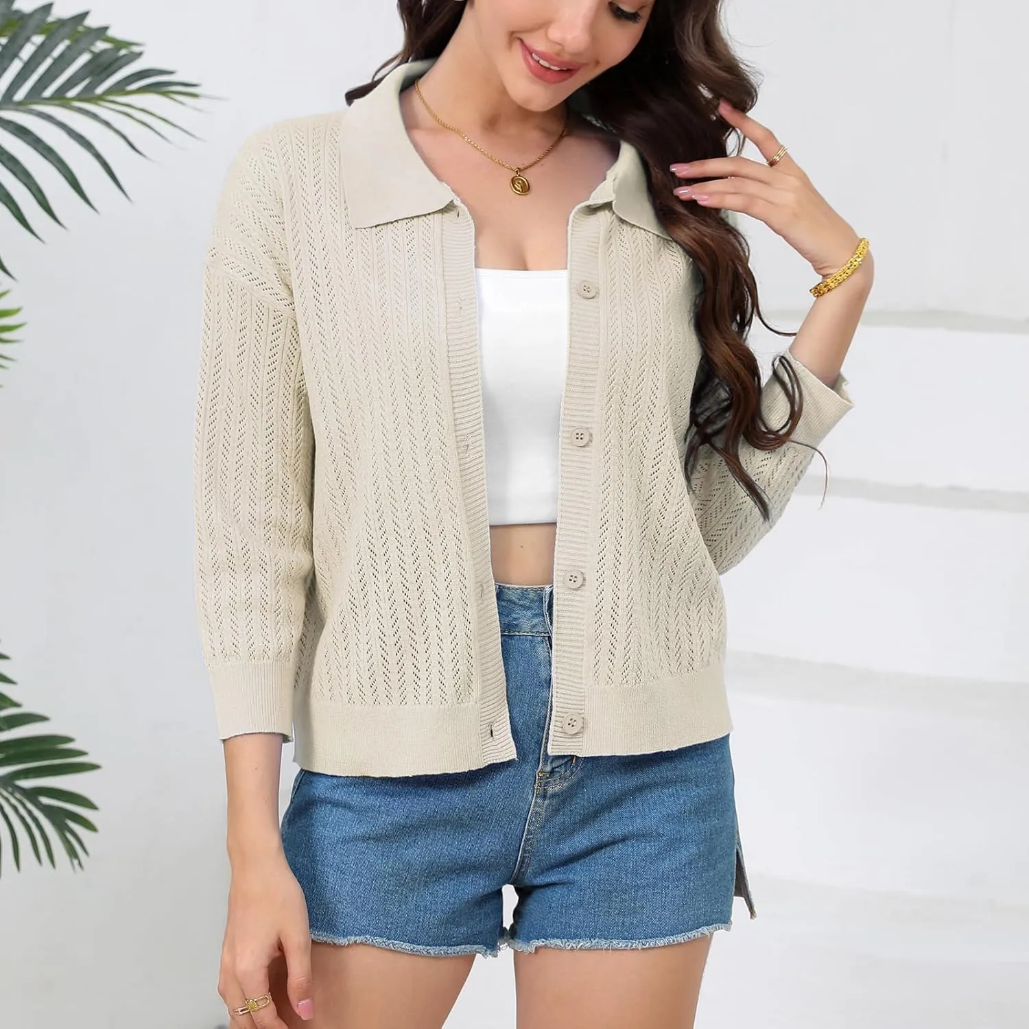 Women Spring Casual Cropped Cardigan 3/4 Sleeve Lightweight Button Down Lapel Collar Hollow Out 2025 Knit Cardigans