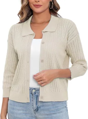 Women Spring Casual Cropped Cardigan 3/4 Sleeve Lightweight Button Down Lapel Collar Hollow Out 2025 Knit Cardigans