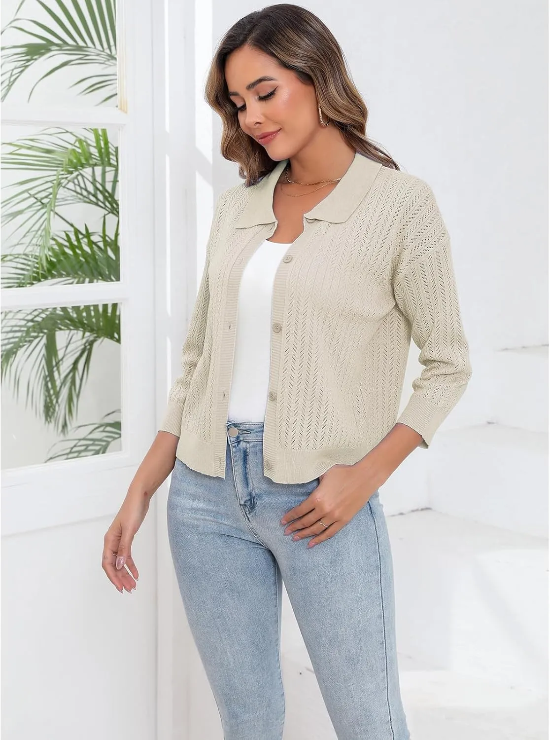 Women Spring Casual Cropped Cardigan 3/4 Sleeve Lightweight Button Down Lapel Collar Hollow Out 2025 Knit Cardigans