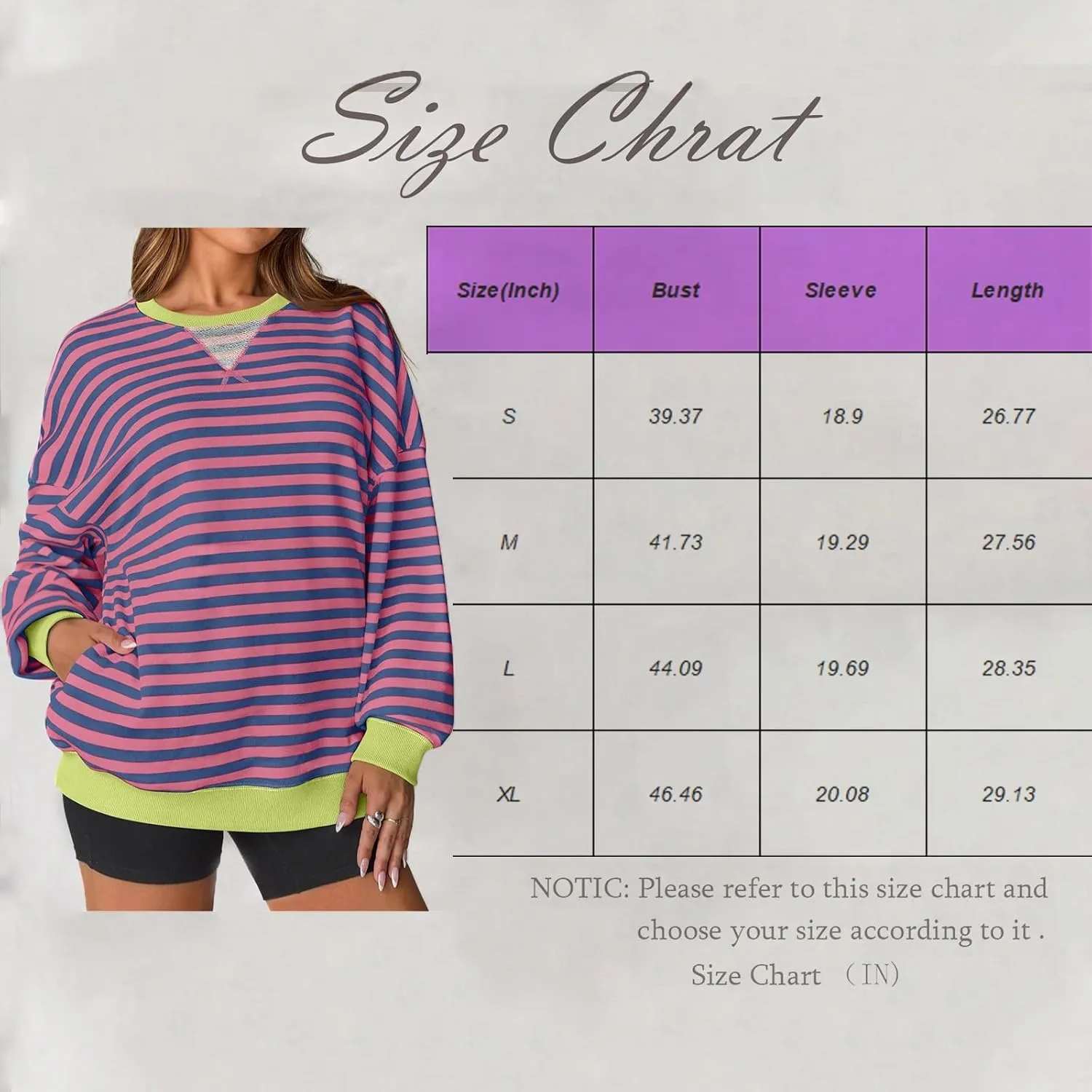 Women Striped Sweatshirts Colors Block Oversized Sweatshirt with Pockets Crewneck Sweatshirt Loose Pullover Sweaters