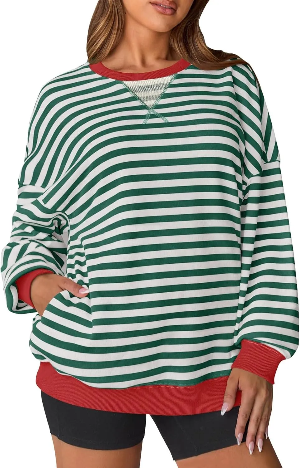 Women Striped Sweatshirts Colors Block Oversized Sweatshirt with Pockets Crewneck Sweatshirt Loose Pullover Sweaters