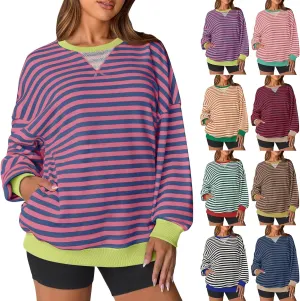 Women Striped Sweatshirts Colors Block Oversized Sweatshirt with Pockets Crewneck Sweatshirt Loose Pullover Sweaters