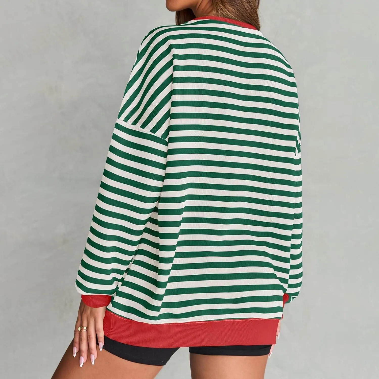 Women Striped Sweatshirts Colors Block Oversized Sweatshirt with Pockets Crewneck Sweatshirt Loose Pullover Sweaters