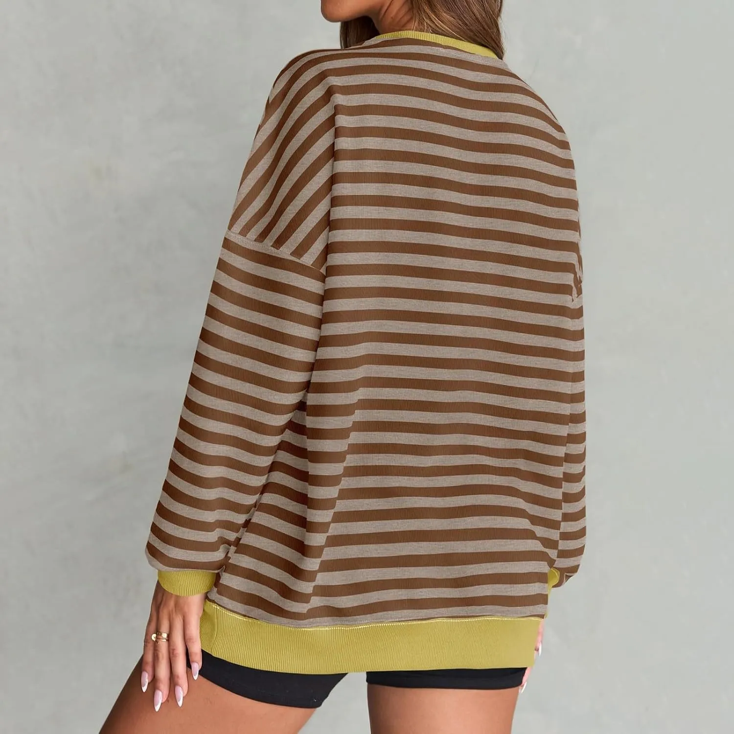 Women Striped Sweatshirts Colors Block Oversized Sweatshirt with Pockets Crewneck Sweatshirt Loose Pullover Sweaters