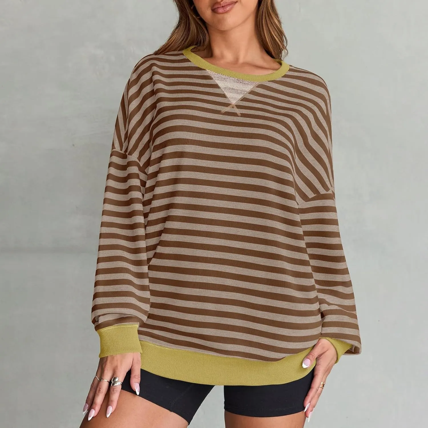 Women Striped Sweatshirts Colors Block Oversized Sweatshirt with Pockets Crewneck Sweatshirt Loose Pullover Sweaters