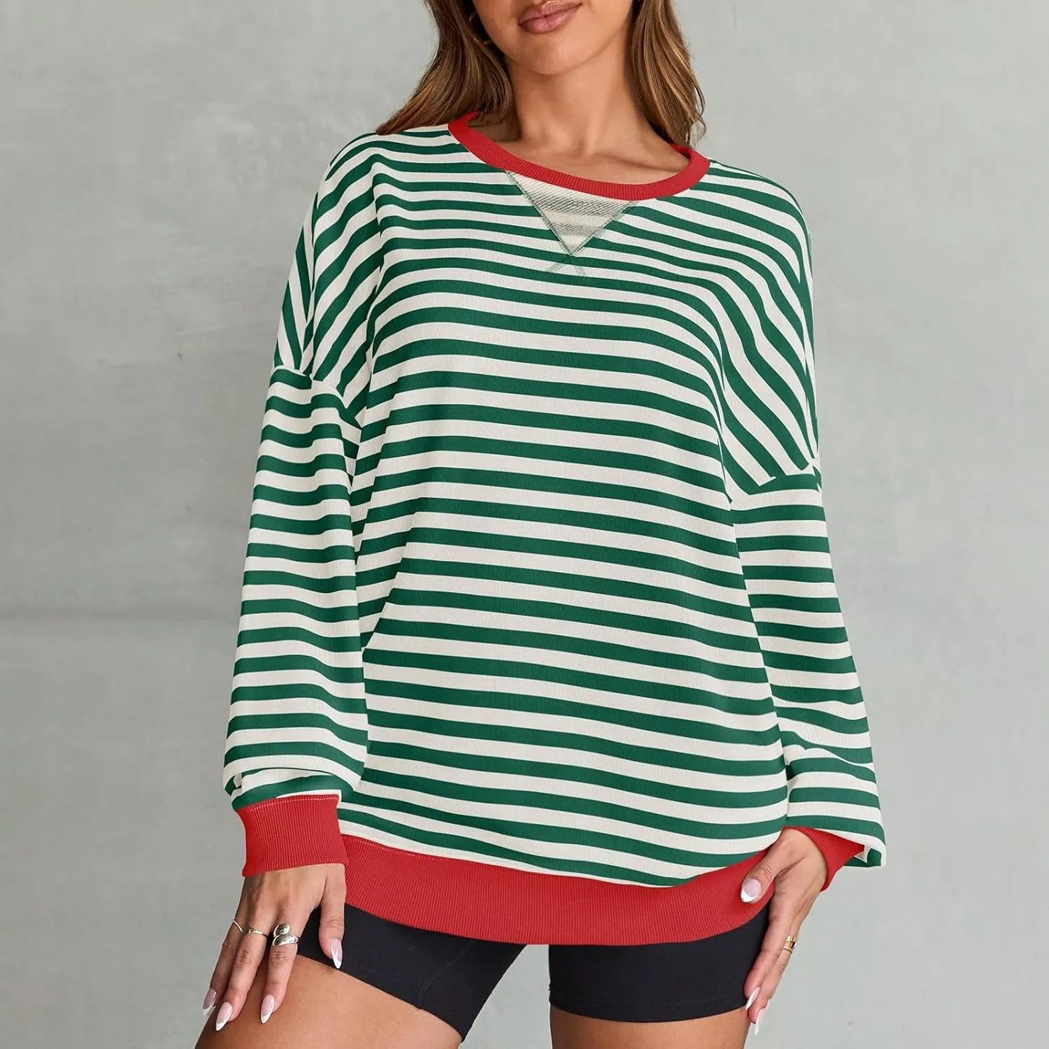 Women Striped Sweatshirts Colors Block Oversized Sweatshirt with Pockets Crewneck Sweatshirt Loose Pullover Sweaters