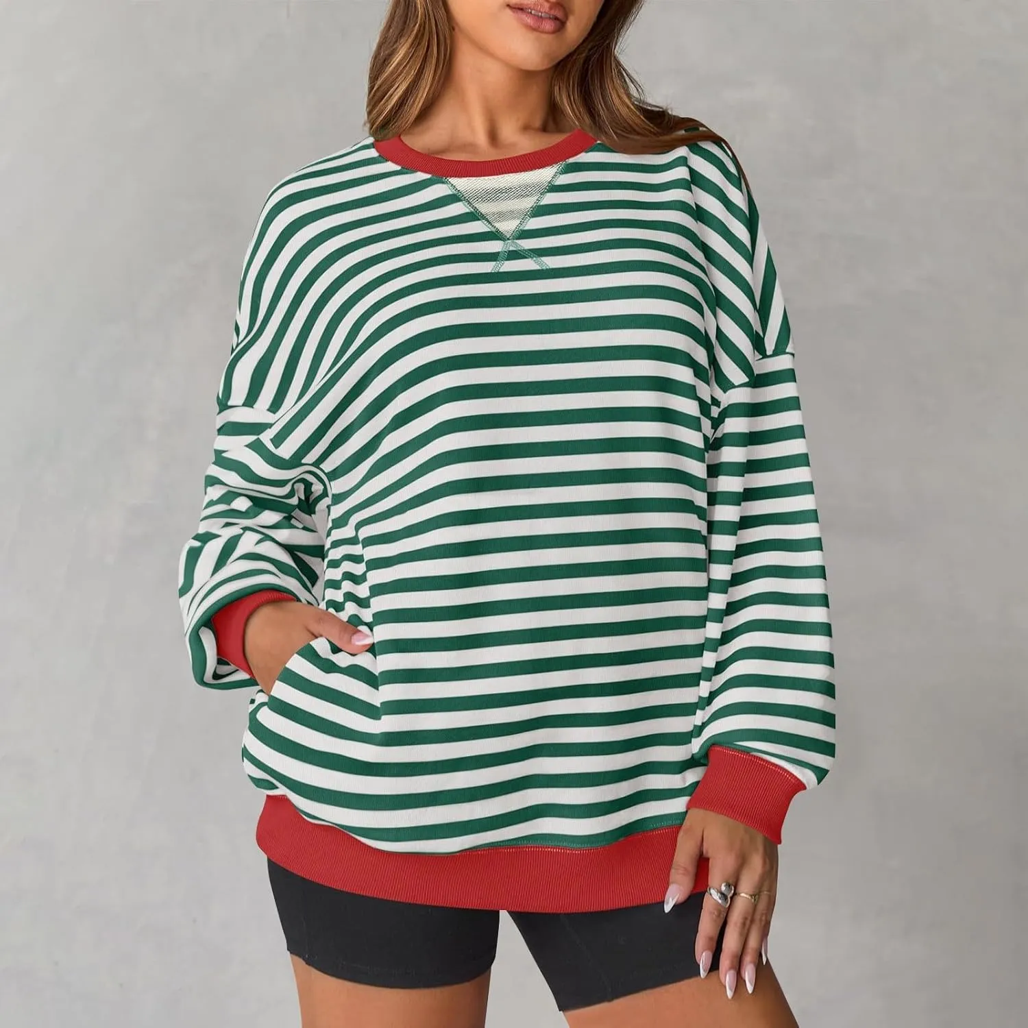 Women Striped Sweatshirts Colors Block Oversized Sweatshirt with Pockets Crewneck Sweatshirt Loose Pullover Sweaters
