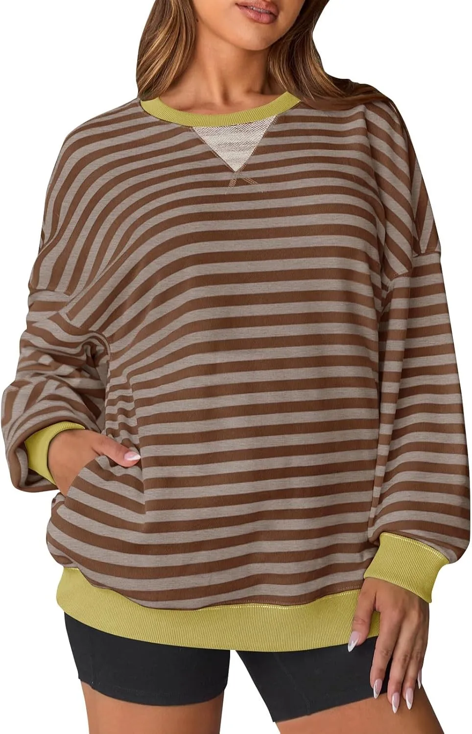 Women Striped Sweatshirts Colors Block Oversized Sweatshirt with Pockets Crewneck Sweatshirt Loose Pullover Sweaters