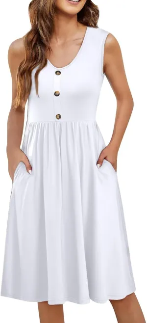 Women Summer Dresses Sleeveless Casual Loose Swing Button Down Midi Dress with Pockets Wedding Guest Dress