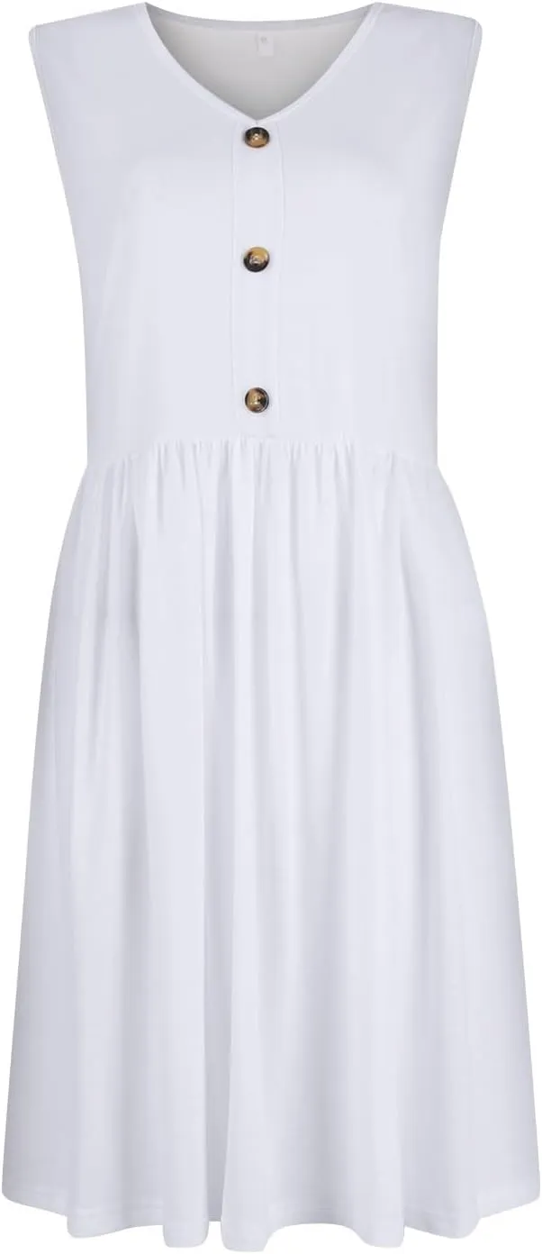 Women Summer Dresses Sleeveless Casual Loose Swing Button Down Midi Dress with Pockets Wedding Guest Dress
