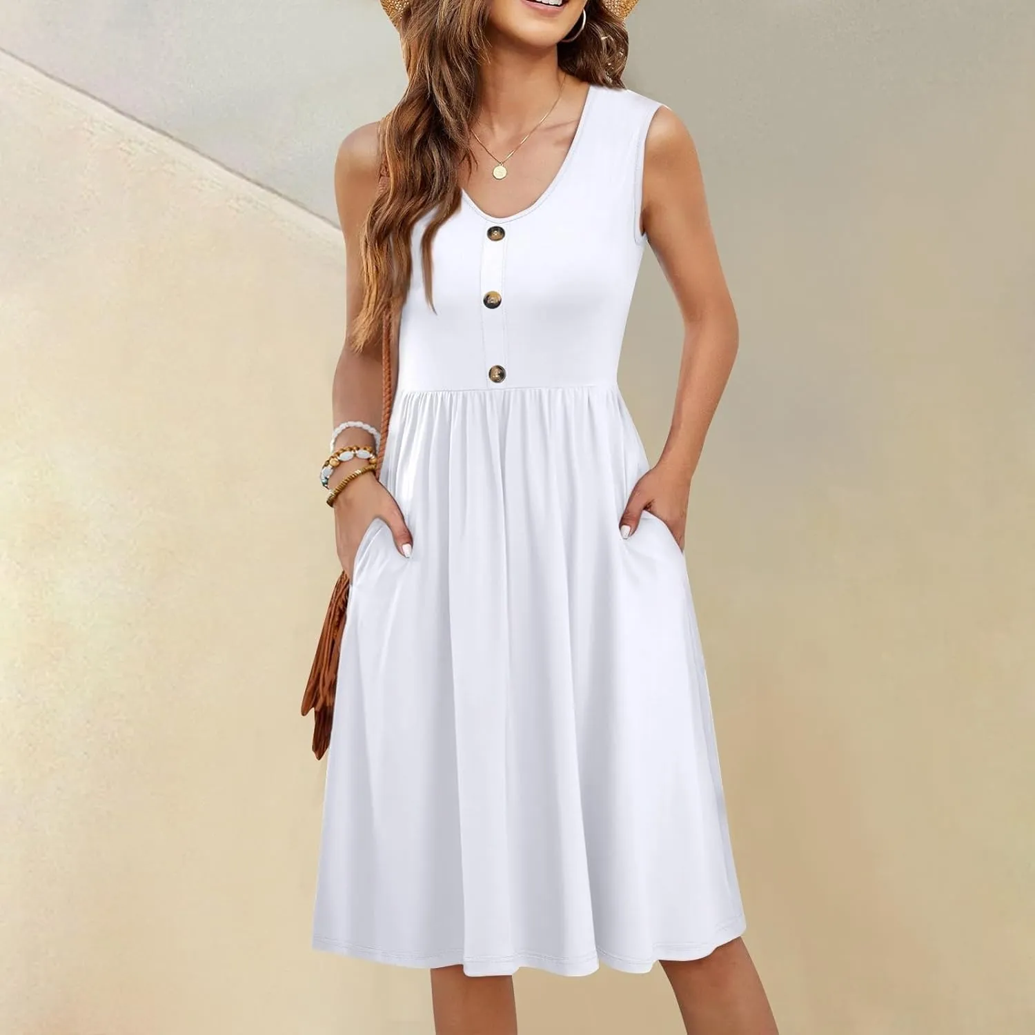 Women Summer Dresses Sleeveless Casual Loose Swing Button Down Midi Dress with Pockets Wedding Guest Dress