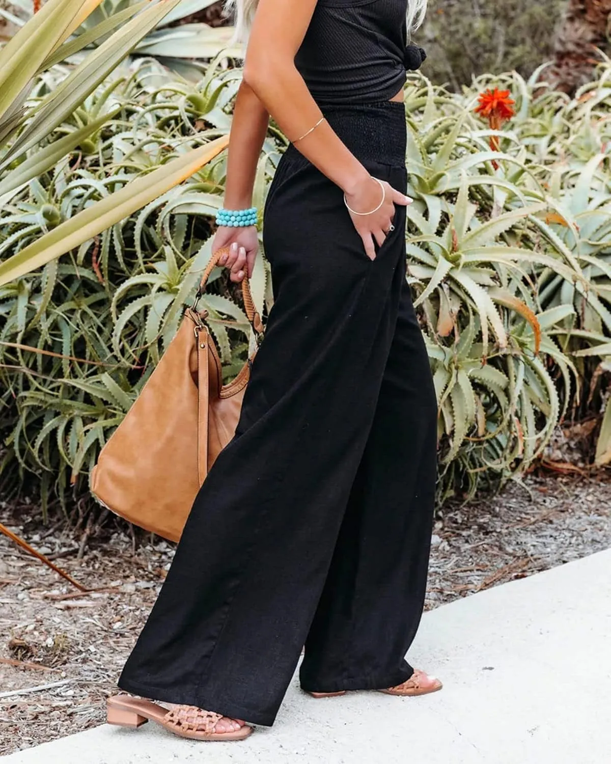 Women Summer High Waisted Cotton Linen Palazzo Pants Casual Boho Wide Leg 2025 Beach Lounge Trousers with Pocket