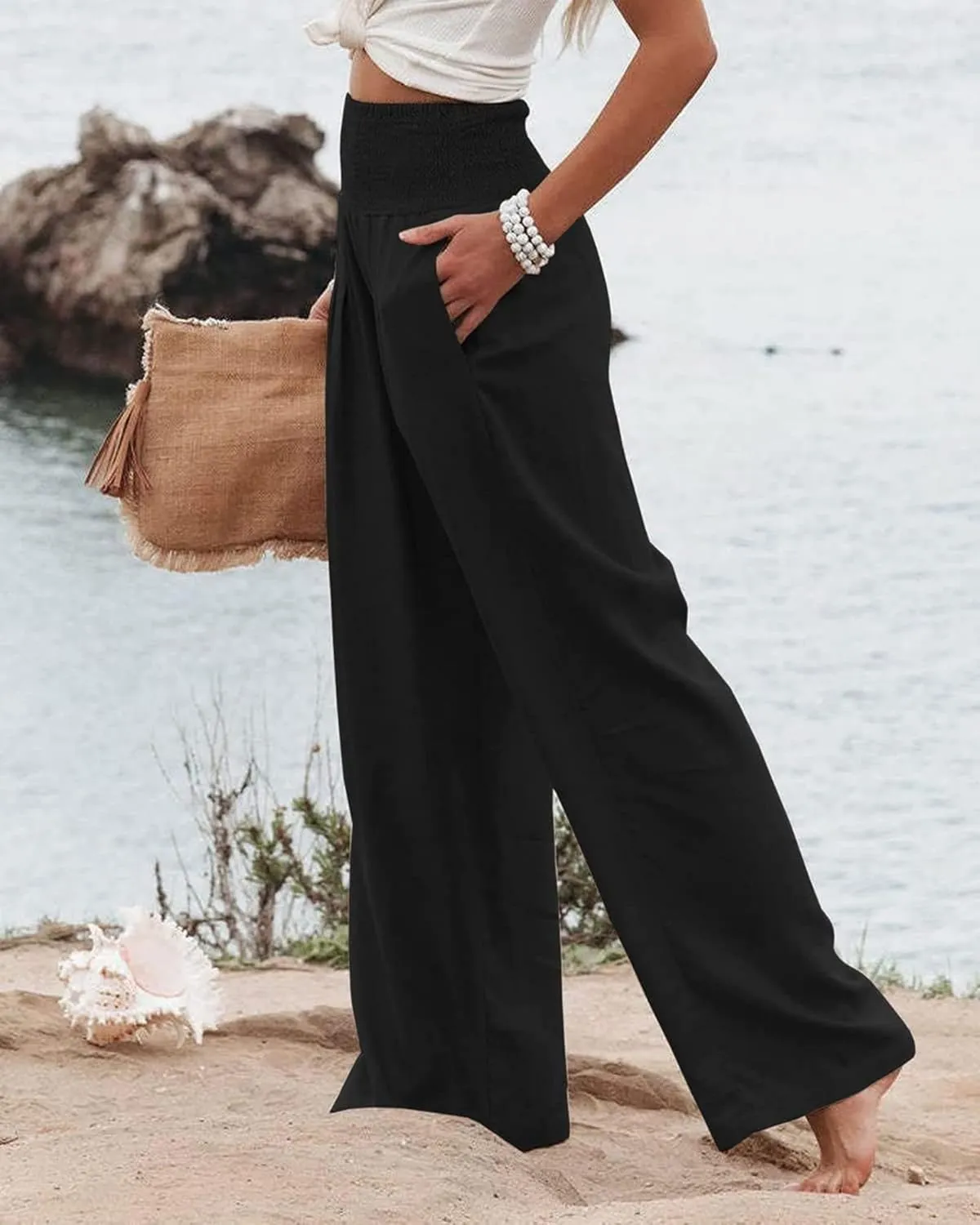 Women Summer High Waisted Cotton Linen Palazzo Pants Casual Boho Wide Leg 2025 Beach Lounge Trousers with Pocket
