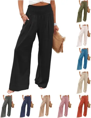 Women Summer High Waisted Cotton Linen Palazzo Pants Casual Boho Wide Leg 2025 Beach Lounge Trousers with Pocket
