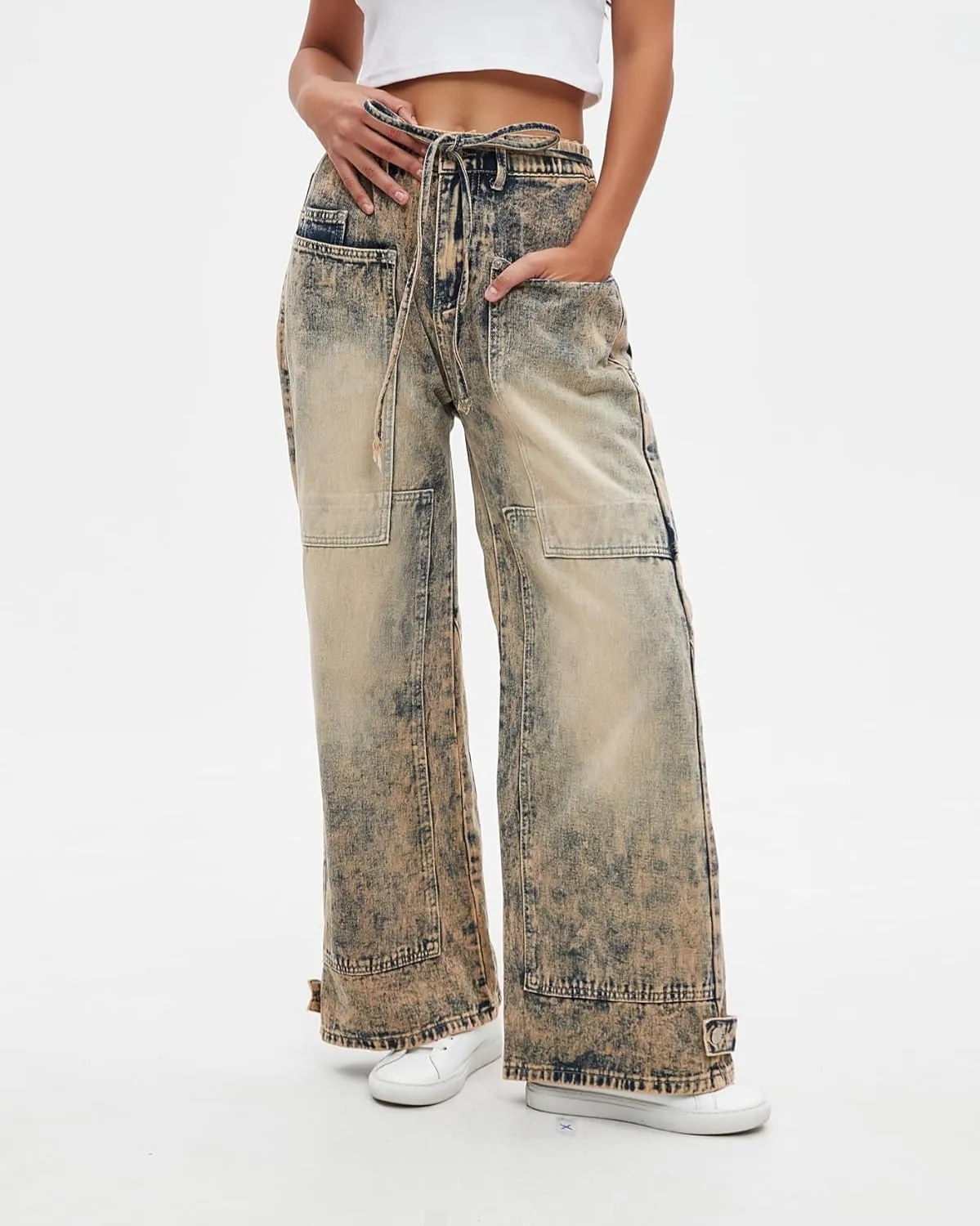 Women Wide Leg Jeans Elastic Mid Waist Belt Baggy Jeans Loose Casual Boyfriend Y2K Denim Pants with Pockets